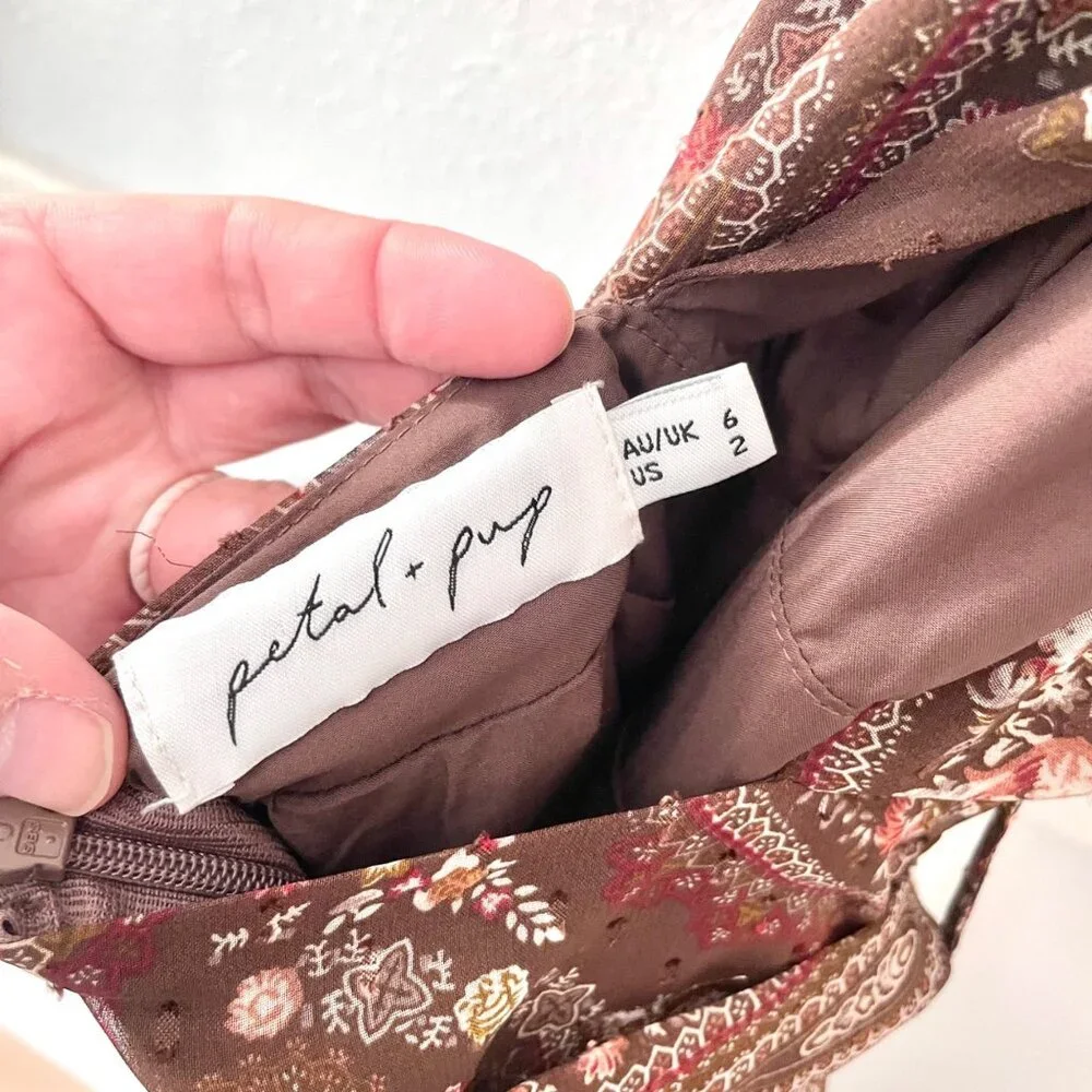 Petal + Pup Women's Tia Dress Size 2 Brown Paisley Floral Midi - Picture 4 of 9